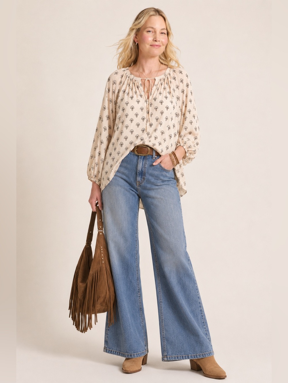 A NEW DAY Tie neck Linen blouse cream and black Bohemian Femenine Western